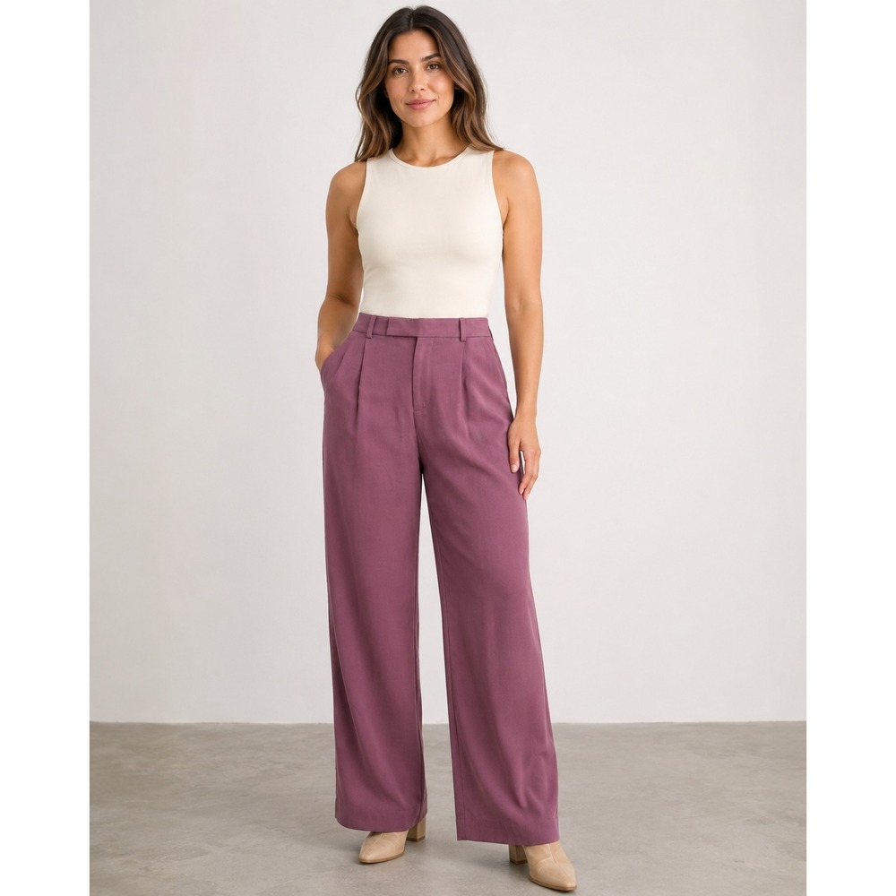 Zara Mauve Purple Wide Leg Pleated Trousers High Waisted Dress Pants Size M